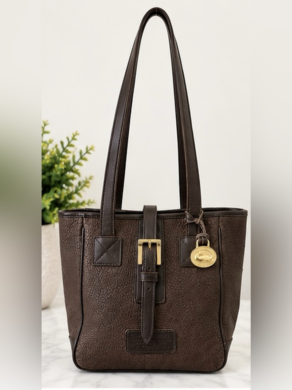Vintage Dooney & Bourke Brown Leather Pebbled Tote with Gold Hardware - Picture 1 of 6